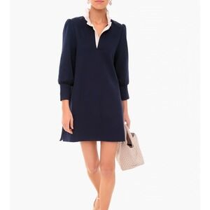 Pomander Place Tuckernuck Charlotte Terry Shirt Dress Navy/Cream Ruffle Collar L
